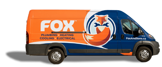 A commercial van with "FOX" branding and a fox logo, advertising plumbing, heating, cooling, and electrical services. The website FoxAndSons.ca is visible on the side.