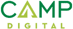 Logo with the words "CAMP DIGITAL" in green, featuring a stylized triangular "A" resembling a tent.