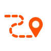 An orange map pin with a circular path, indicating a route or destination, on a black background.