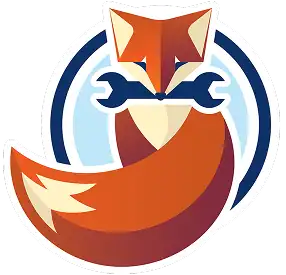 Illustration of a stylized orange fox with a bushy tail, holding a blue wrench in its mouth, set against a circular blue background.