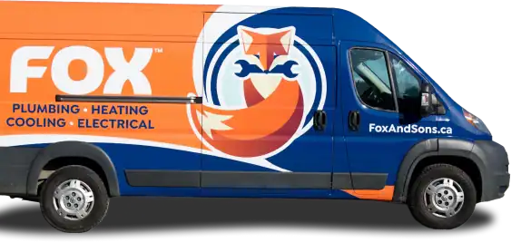 A blue and orange service van with "FOX Plumbing • Heating • Cooling • Electrical" and a fox logo holding a wrench. The website FoxAndSons.ca is displayed on the side.